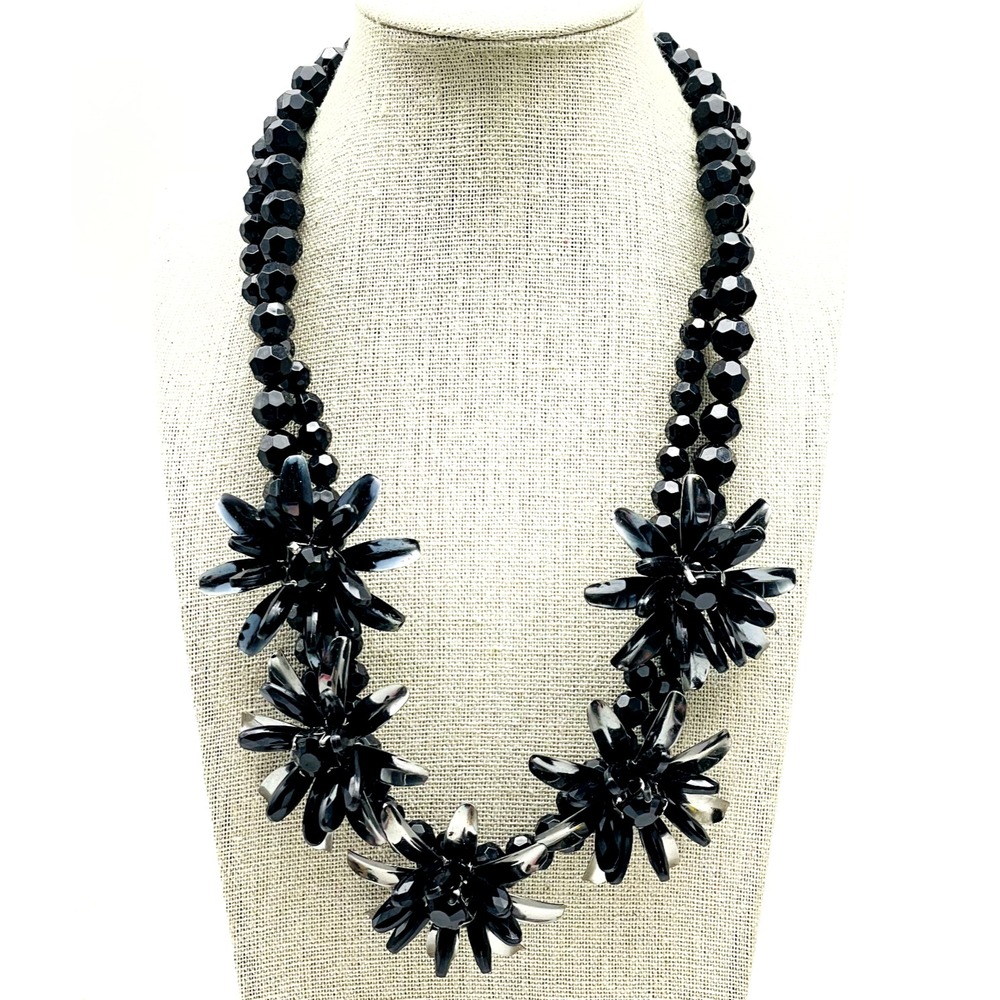 Black Beaded Floral Statement Necklace Faceted Beads Flower Costume Jewelry